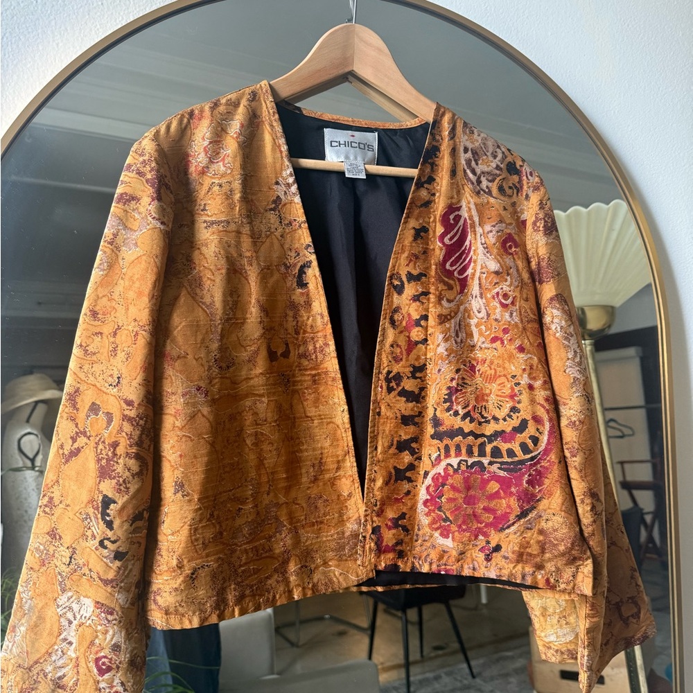 Chico's Women's Gold and Red Patterned Blazer